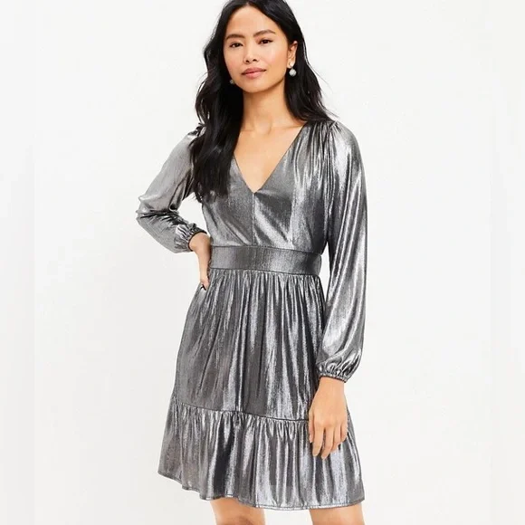 Women LOFT Dresses | Shimmer Ruffle V-Neck Dress Silver Metallic Women LOFT Dresses | Shimmer Ruffle V-Neck Dress Silver Metallic